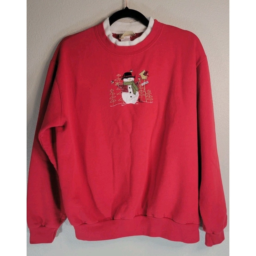 Vintage Morning Sun Top Stitch Snowman Christmas Sweatshirt Red Women's Large